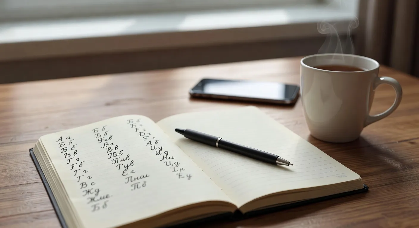 Cahier ouvert avec alphabet cyrillique écrit à la main et tasse de thé