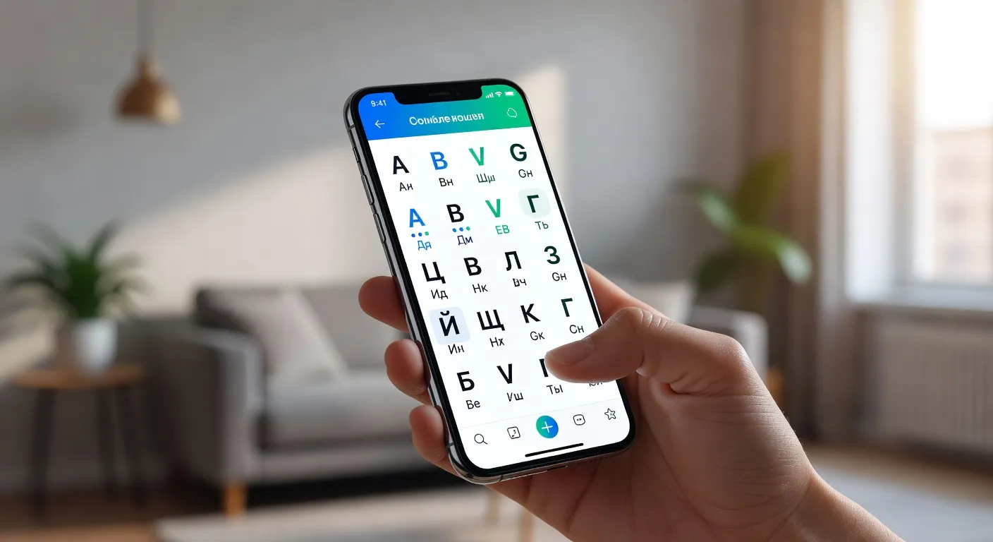Application de langue sur smartphone avec lettres cyrilliques, apprentissage lifestyle