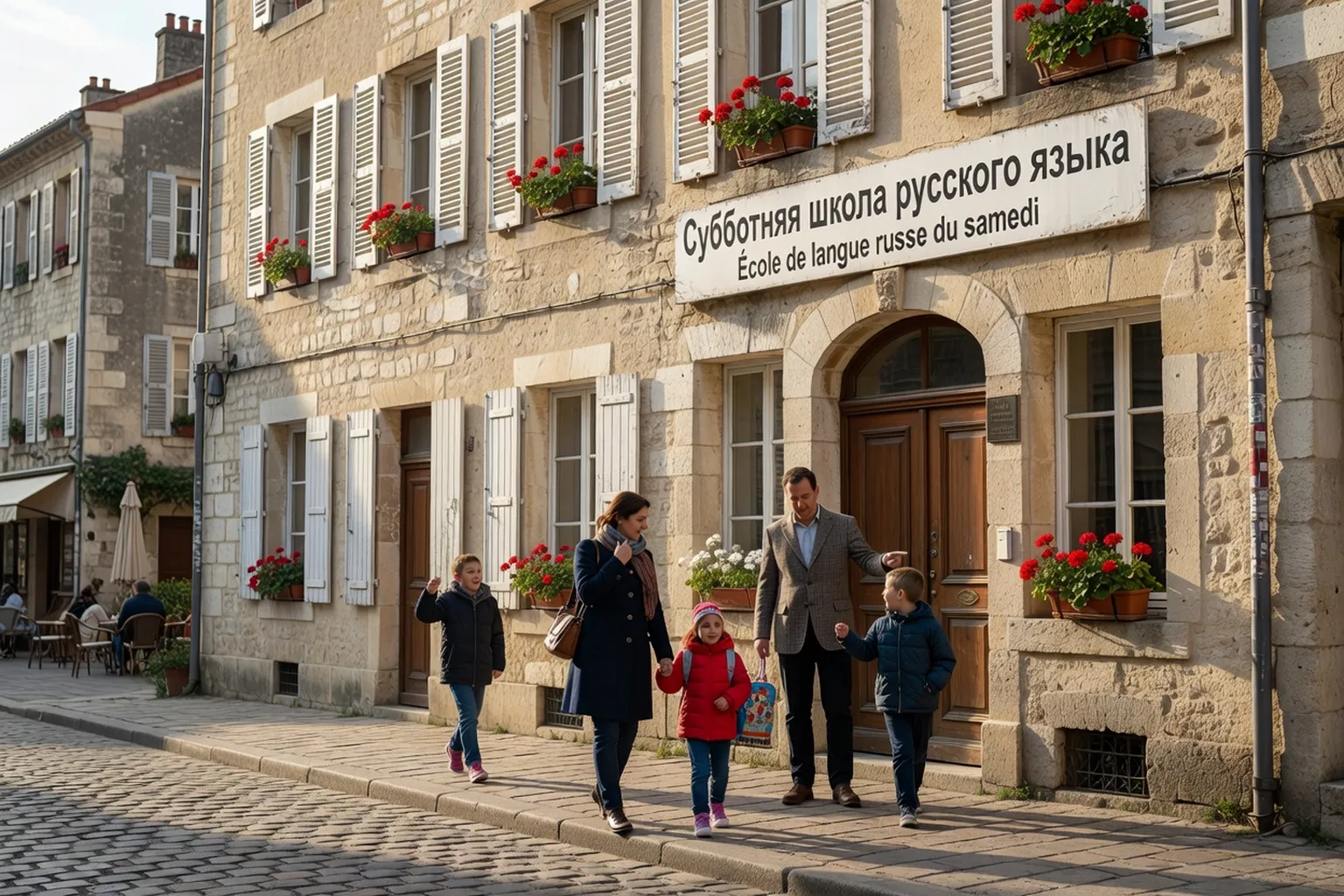 École russe du samedi dans une ville française, parents et enfants à l'entrée