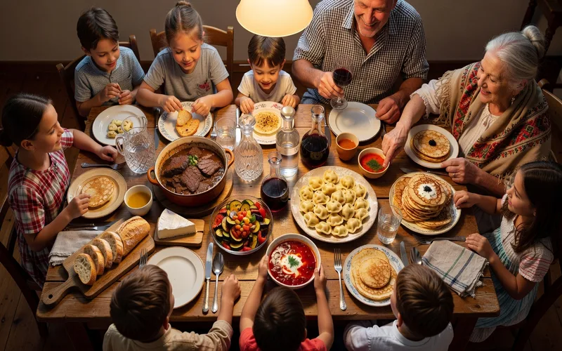 Famille franco-russe partageant un repas mêlant cuisine française et russe